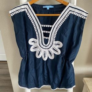 Navy lace shirt - lightweight. Silk like material with elastic band near waist